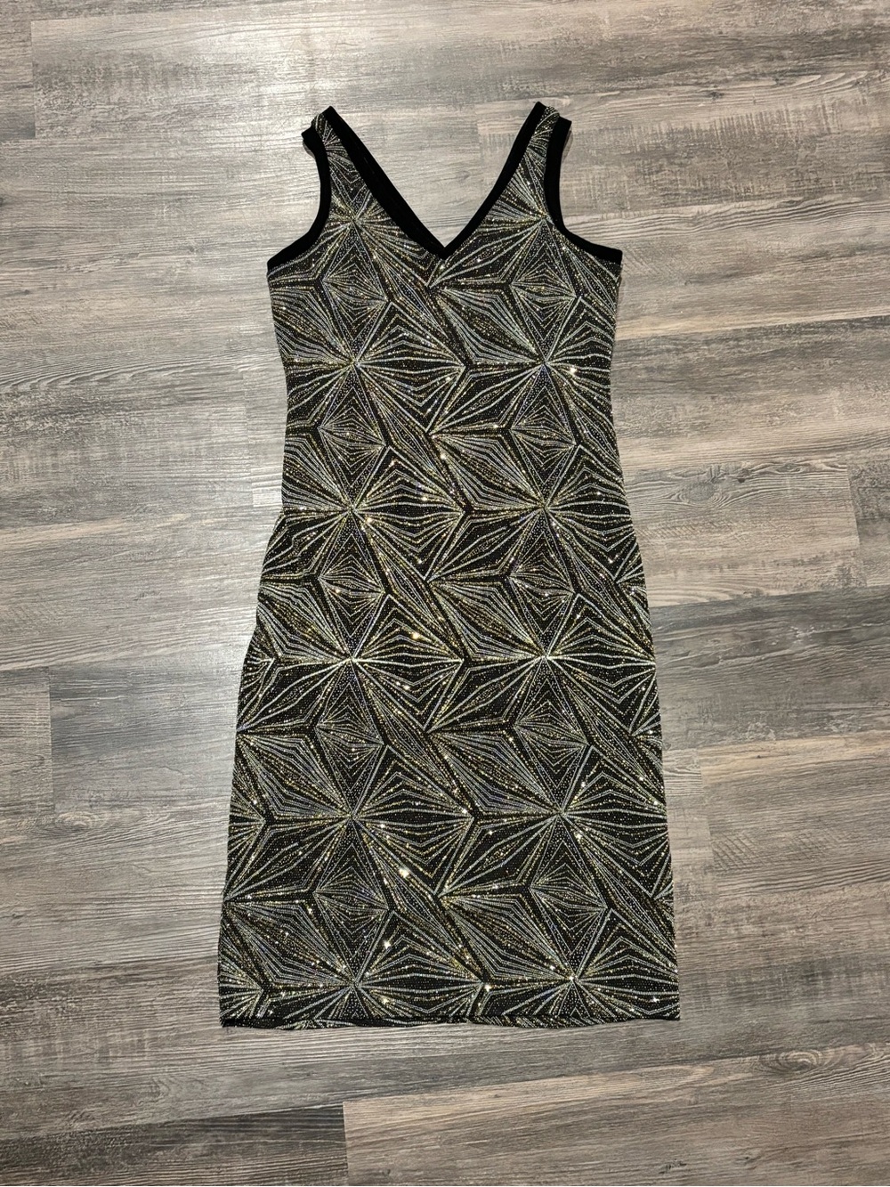 Wrapper Black Green and Gold Geometric Sequin V-Neck Midi Dress